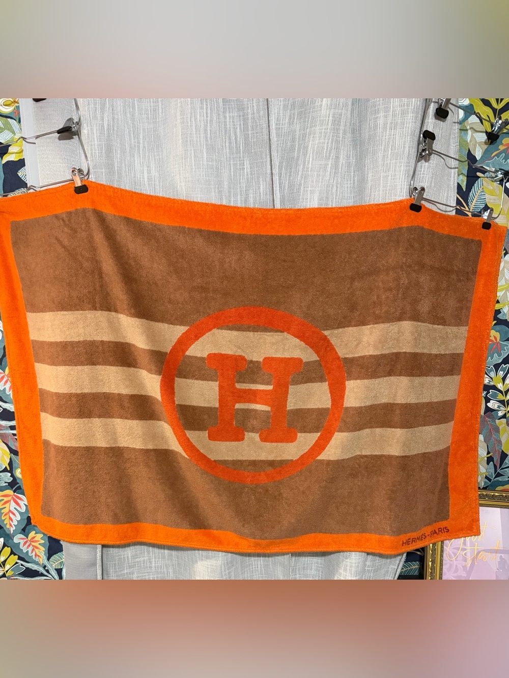HERMES Beach Towel Bath Mat Towel H Logo Striped  57.5 X 35.5 Inches Used Auth